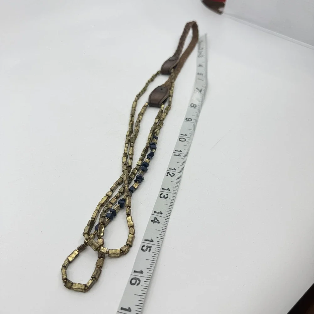 Bronze Tone Blue Chip Bead Double Strand Leather Cord Boho Statement Necklace